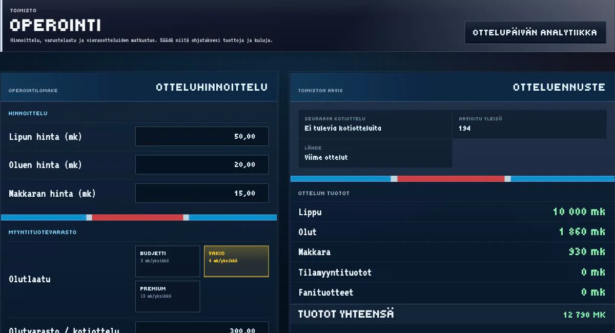 Retro Hockey Managerin operointinäkymä, jossa näkyvät hinnoittelu ja ottelutuottojen ennuste