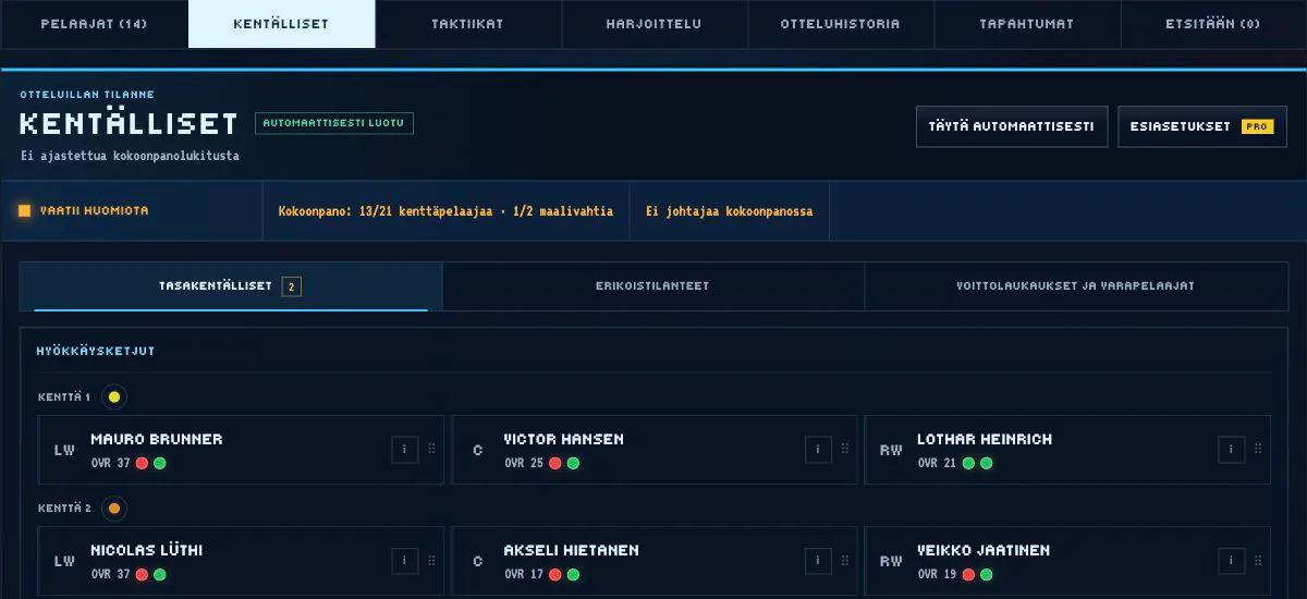 Retro Hockey Managerin kentällisnäkymä, jossa näkyvät hyökkäysketjut ja pelaajien kunto
