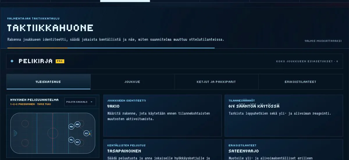 Retro Hockey Managerin taktiikkanäkymä, jossa näkyvät kaukalokaavio ja taktiset asetukset